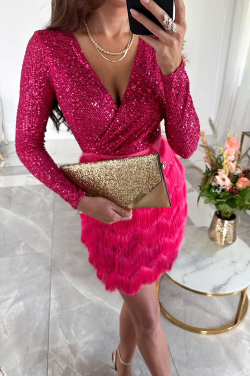 Damen Pailletten-Party-Kleid mit V-Ausschnitt | Mini
