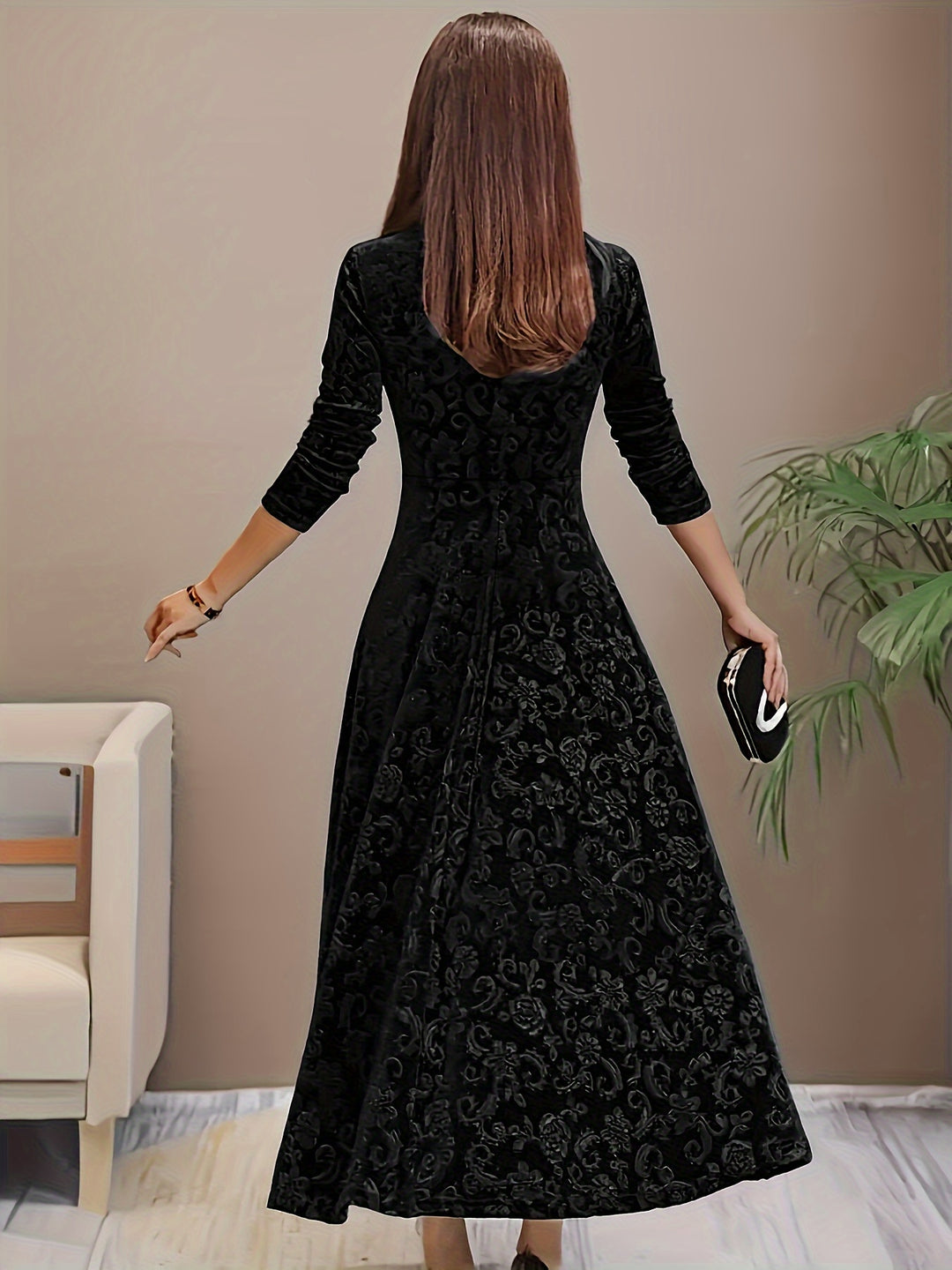 Women's Midi Dress with Long Sleeves | Floral Pattern