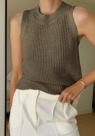 Damski Ażurowy Prążkowany Tank Top Dzianinowy | Bez Rękawów