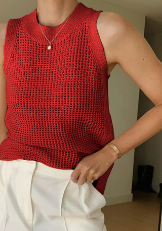 Damski Ażurowy Prążkowany Tank Top Dzianinowy | Bez Rękawów