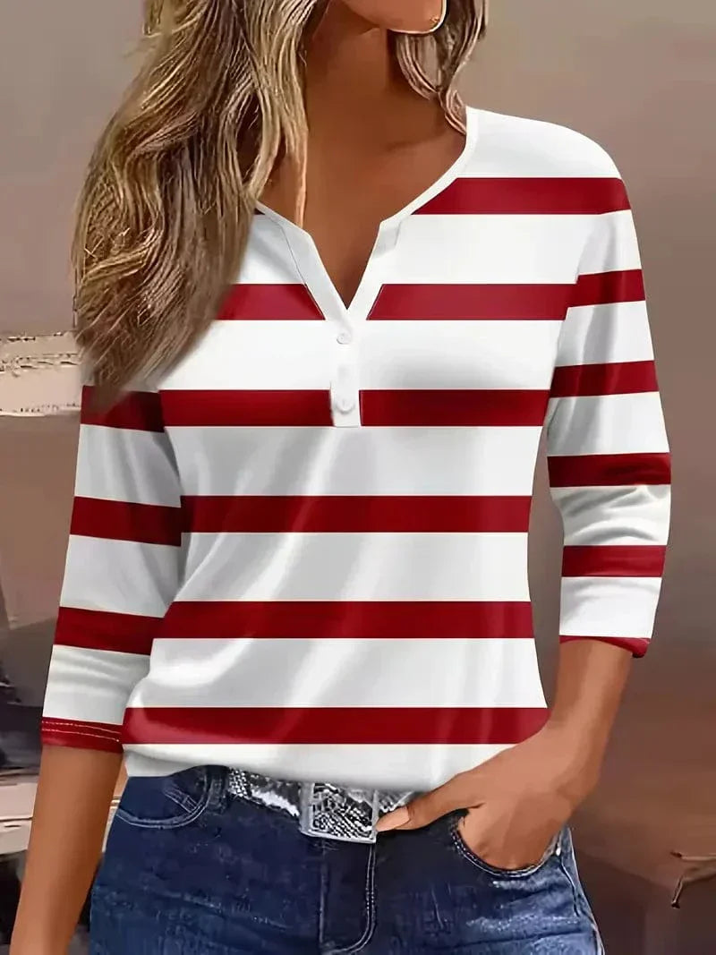 Damen Gestreiftes Top Mit Langarm | Knöpfe