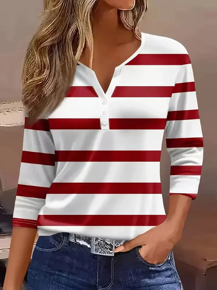 Damen Gestreiftes Top Mit Langarm | Knöpfe