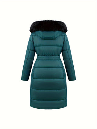 Damska Zimowa Pikowana Płaszcz z Paskiem | Z Kapturem