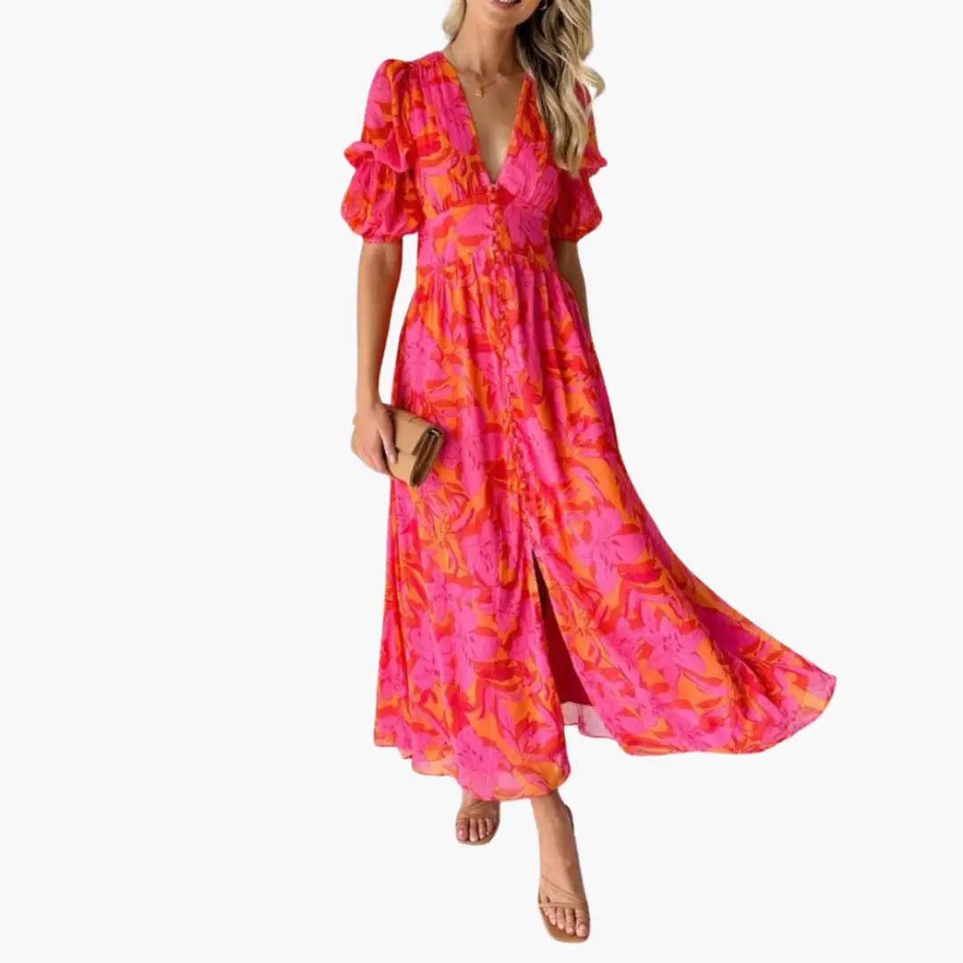 Damen Kleid mit Blumenmuster und Puffärmeln | Maxi