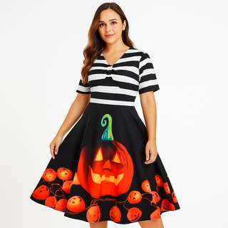 Damska Midi Sukienka na Halloween | Wzór Dyni