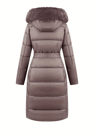 Damska Zimowa Pikowana Płaszcz z Paskiem | Z Kapturem