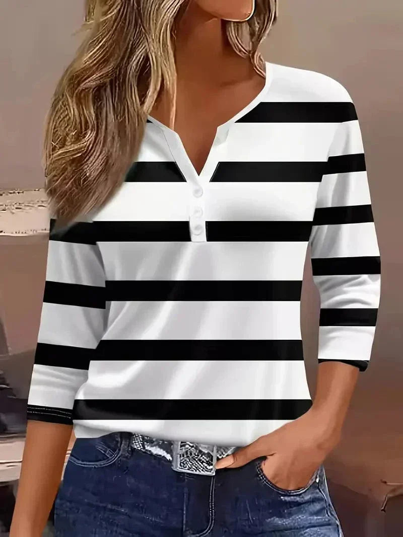 Damen Gestreiftes Top Mit Langarm | Knöpfe