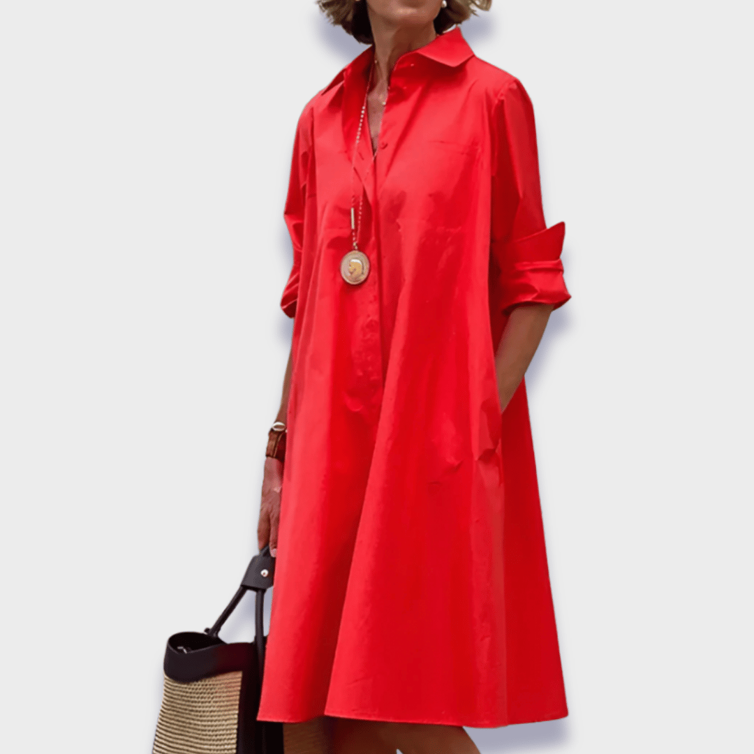 Damen Langarm Hemdblusenkleid | Midi