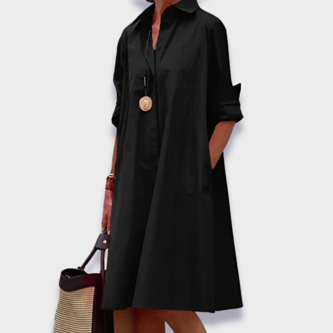 Damen Langarm Hemdblusenkleid | Midi