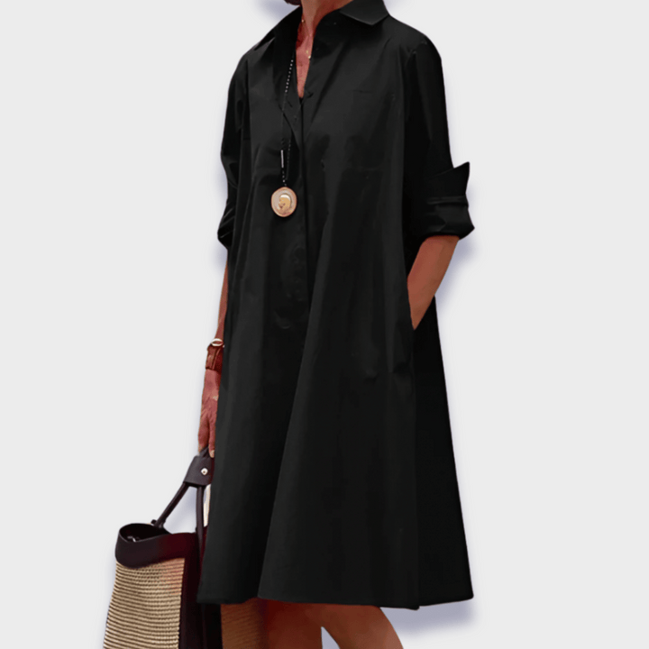Damen Langarm Hemdblusenkleid | Midi