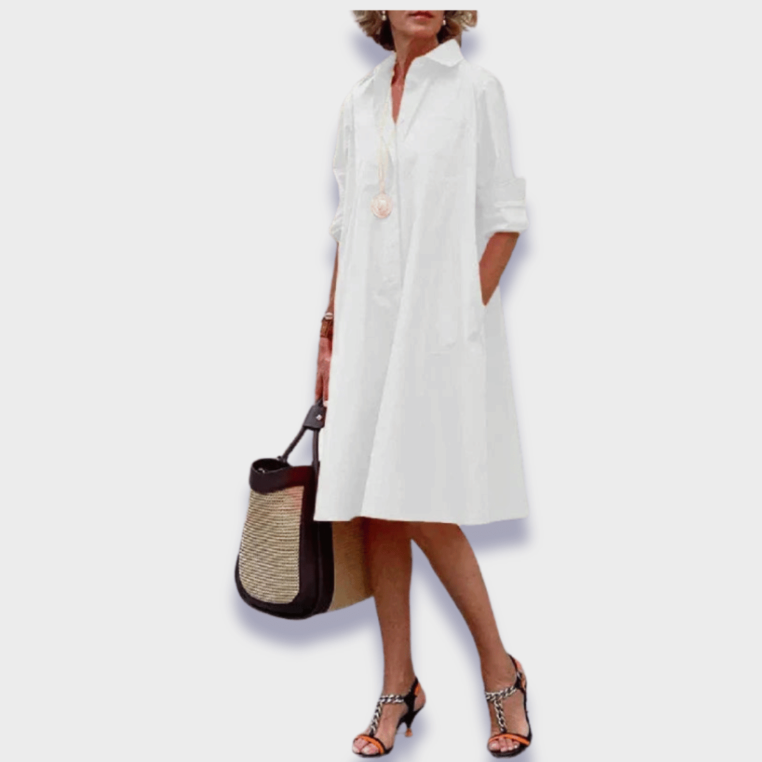 Damen Langarm Hemdblusenkleid | Midi