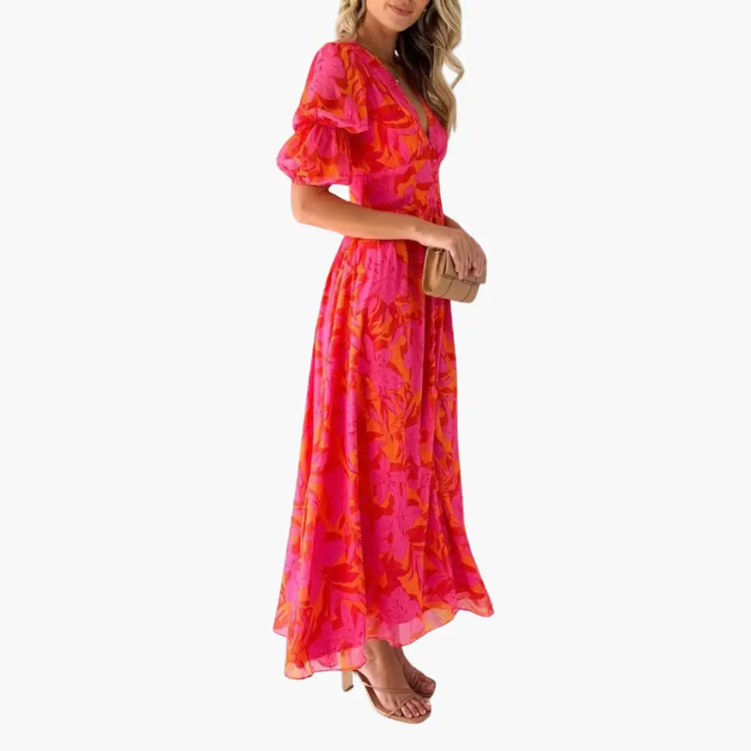 Damen Kleid mit Blumenmuster und Puffärmeln | Maxi