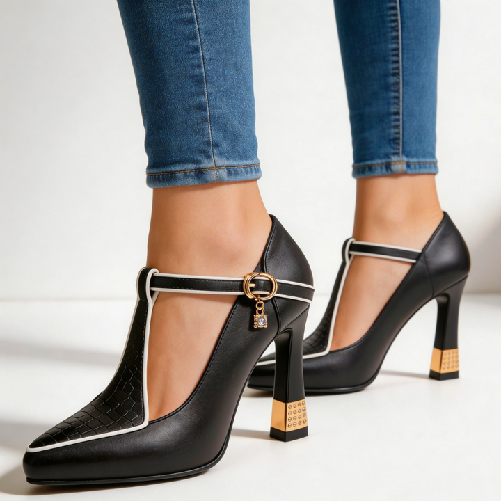 Damen Pumps mit T-Riemen | Blockabsatz