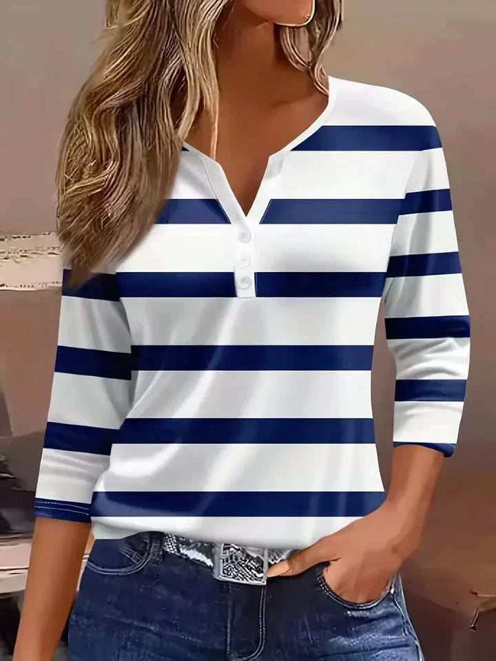 Damen Gestreiftes Top Mit Langarm | Knöpfe