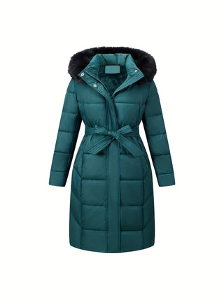 Damska Zimowa Pikowana Płaszcz z Paskiem | Z Kapturem