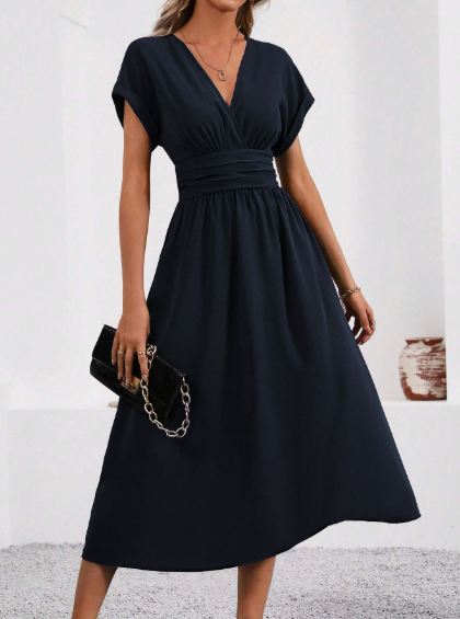 Women's Dress with V-Neck and Waist Pleats | Midi