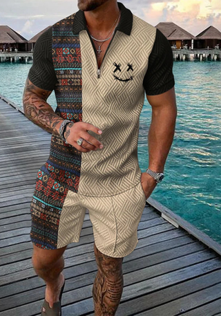 Męski Vintage Zestaw Polo z Szortami | Kolorowy na Lato