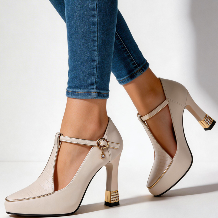 Damen Pumps mit T-Riemen | Blockabsatz