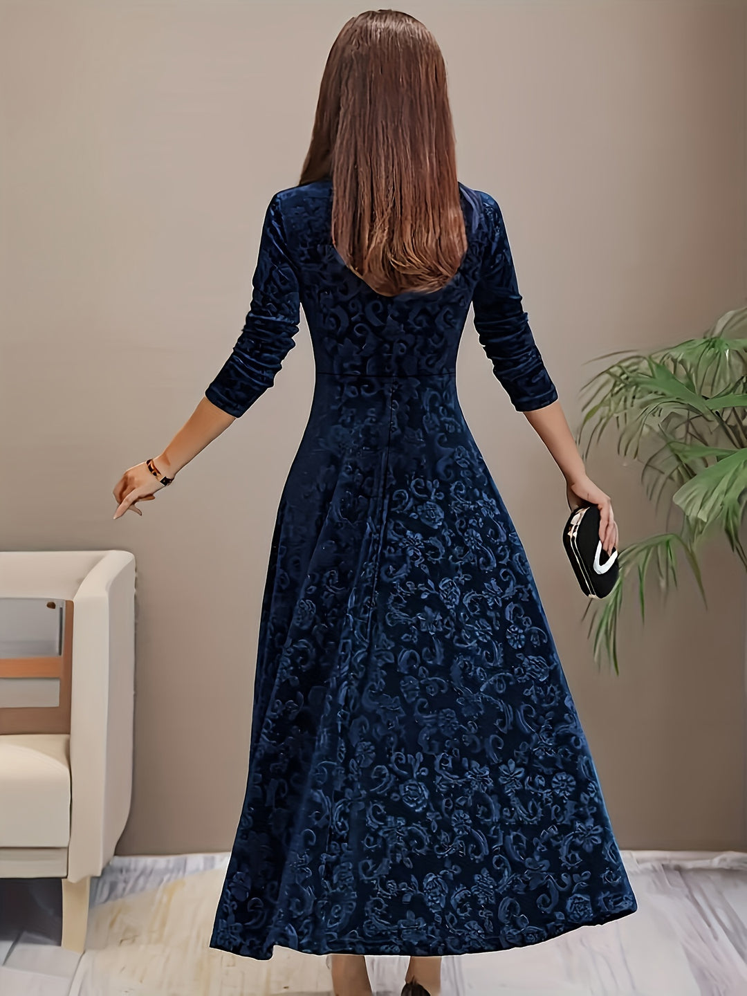 Women's Midi Dress with Long Sleeves | Floral Pattern