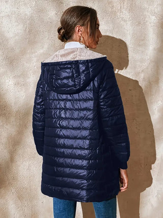 Damska Zimowa Pikowana Kurtka z Kapturem | Długa