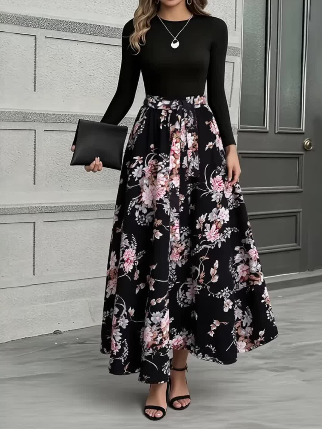 Damen Blumen-Maxikleid | Lange Ärmel