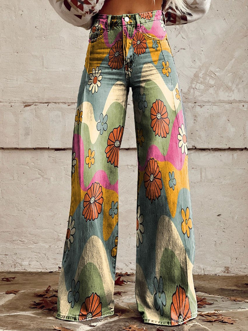 Damen Jeans mit weitem Bein | Blumenmuster, hoher Bund