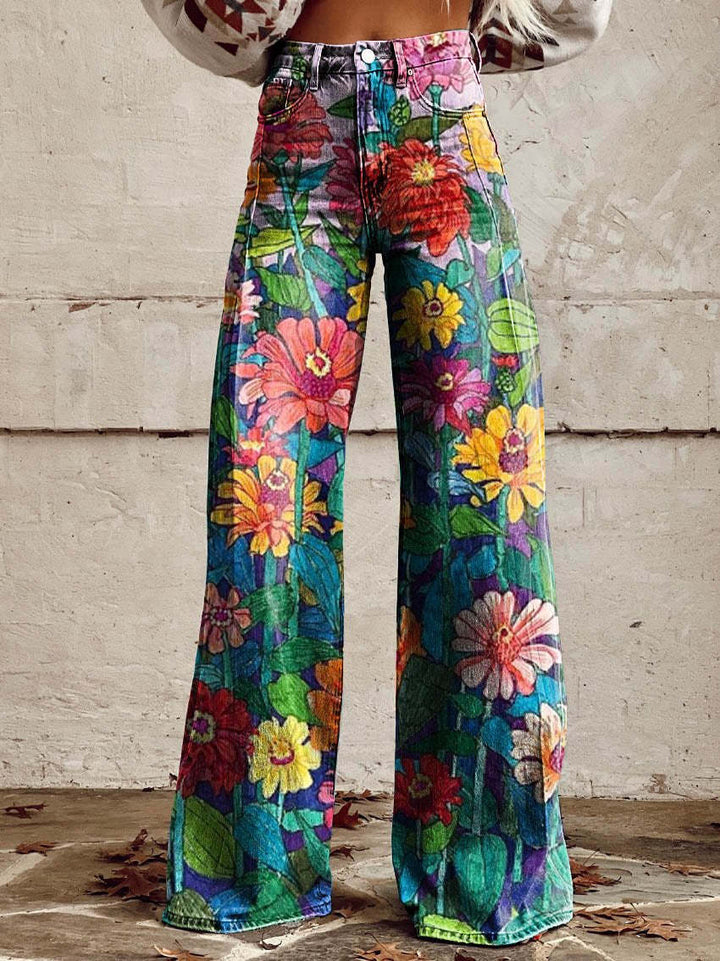Damen Jeans mit weitem Bein | Blumenmuster, hoher Bund