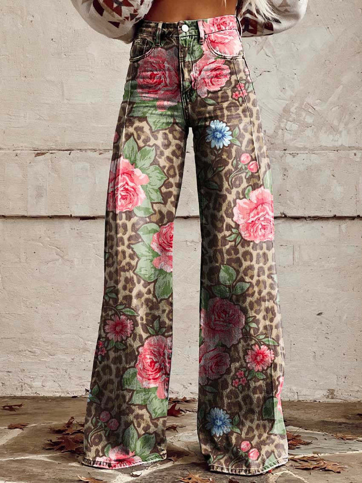 Damen Jeans mit weitem Bein | Blumenmuster, hoher Bund
