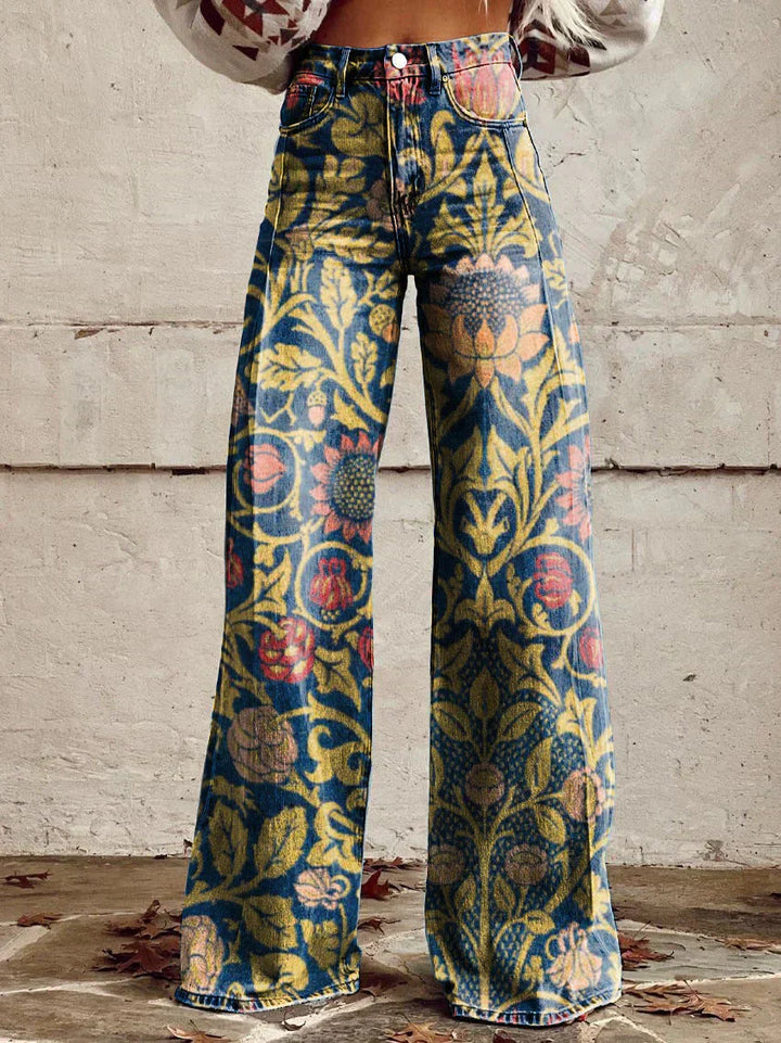 Damen Jeans mit weitem Bein | Blumenmuster, hoher Bund