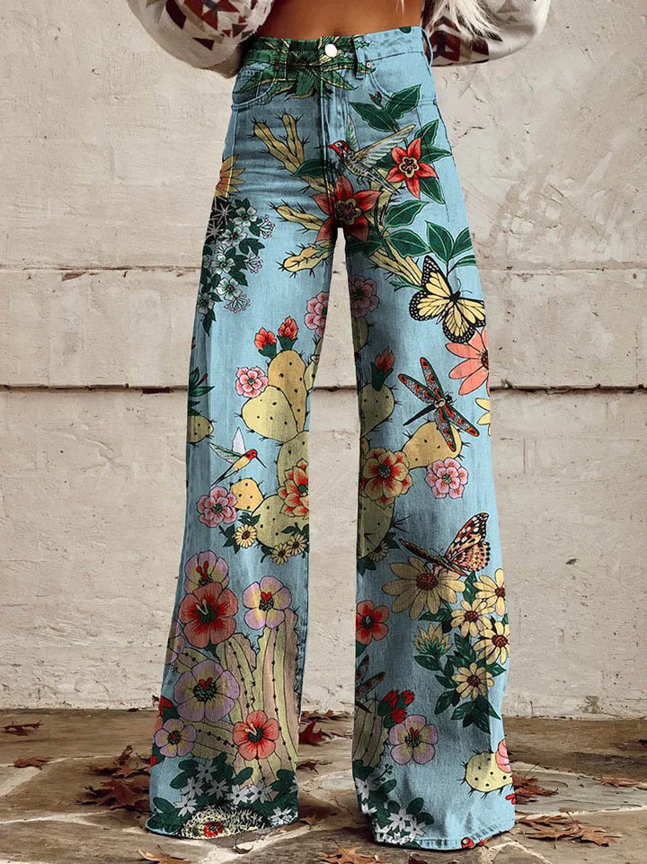 Damen Jeans mit weitem Bein | Blumenmuster, hoher Bund