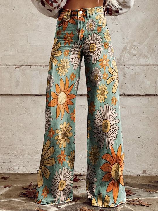 Damen Jeans mit weitem Bein | Blumenmuster, hoher Bund