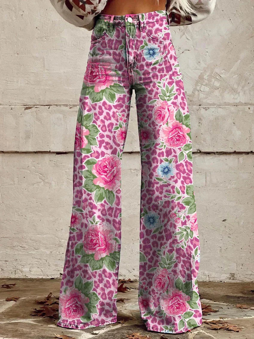 Damen Jeans mit weitem Bein | Blumenmuster, hoher Bund
