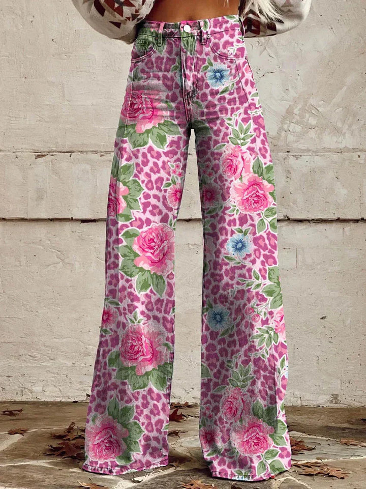 Damen Jeans mit weitem Bein | Blumenmuster, hoher Bund