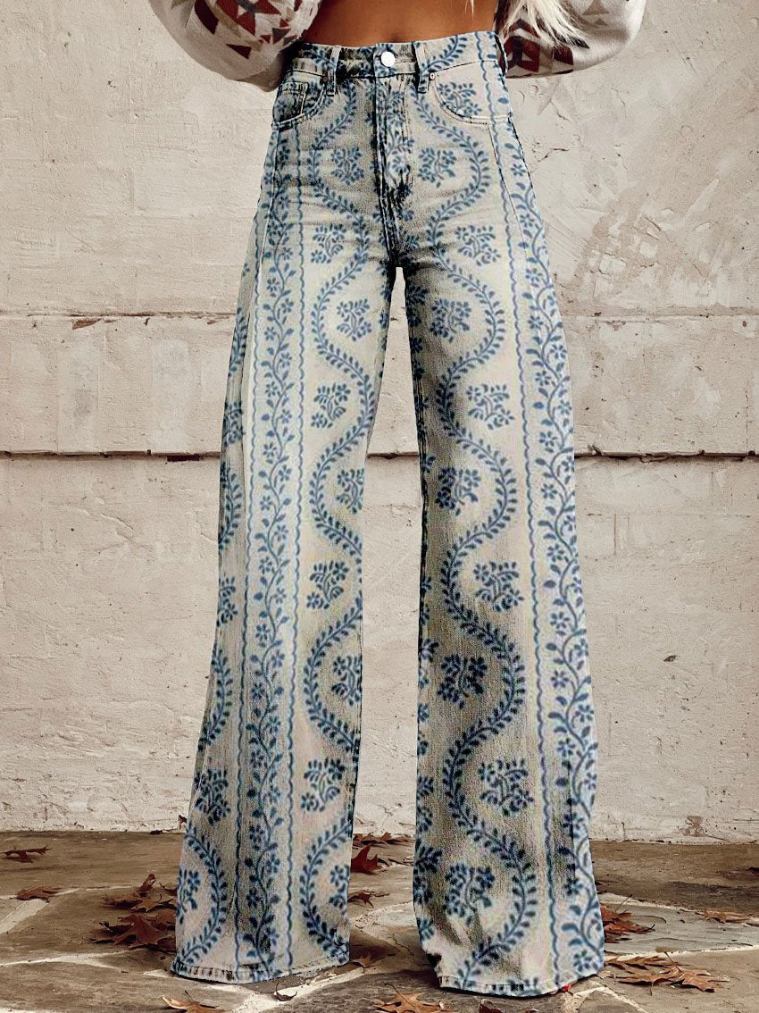 Damen Jeans mit weitem Bein | Blumenmuster, hoher Bund