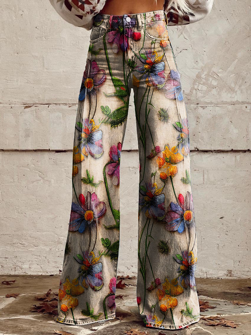 Damen Jeans mit weitem Bein | Blumenmuster, hoher Bund