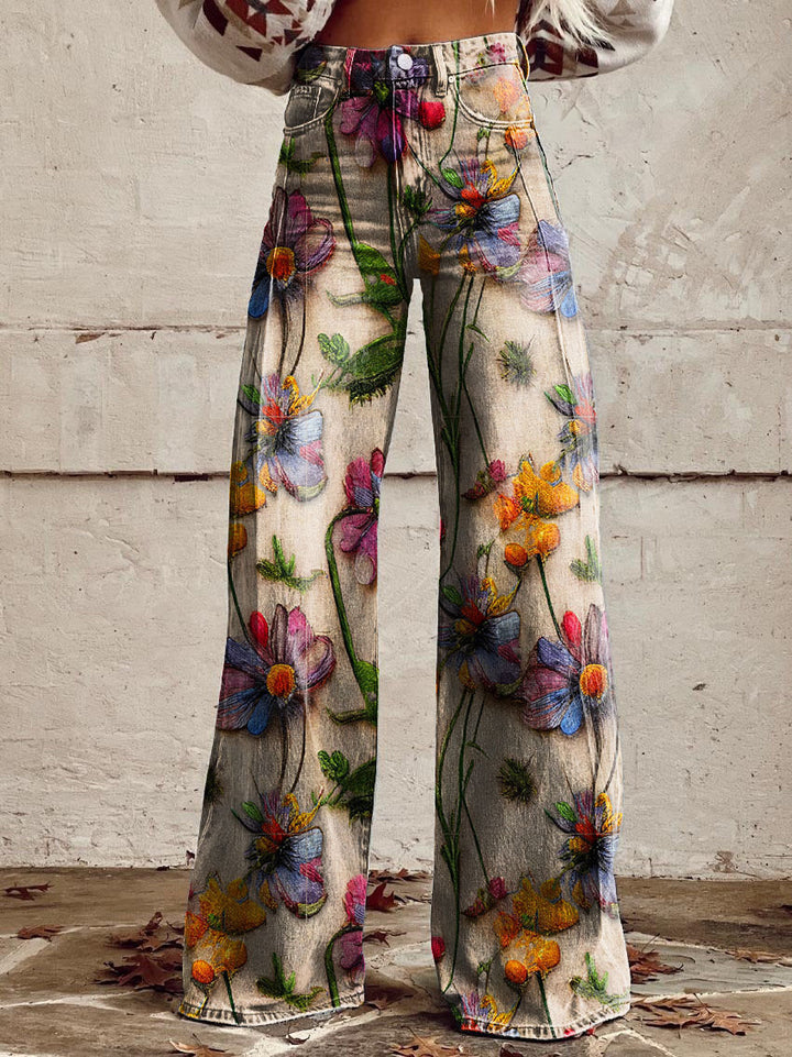 Damen Jeans mit weitem Bein | Blumenmuster, hoher Bund