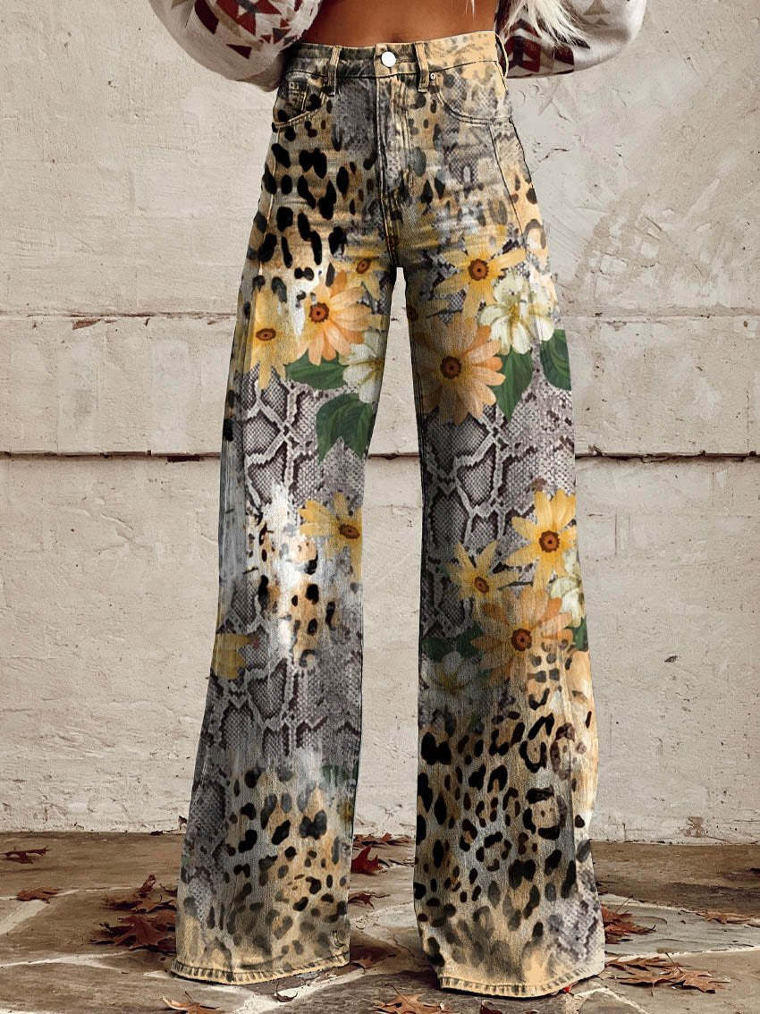 Damen Jeans mit weitem Bein | Blumenmuster, hoher Bund