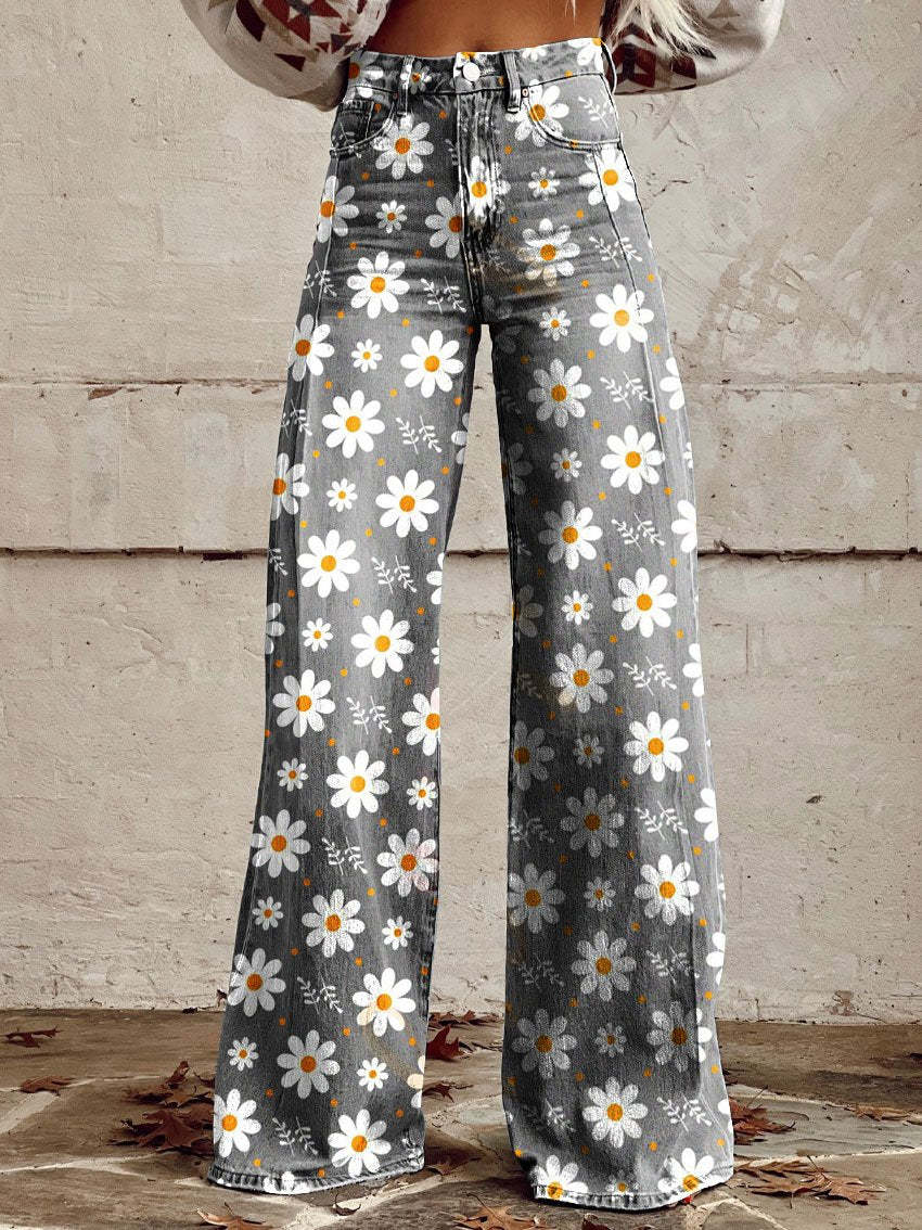 Damen Jeans mit weitem Bein | Blumenmuster, hoher Bund