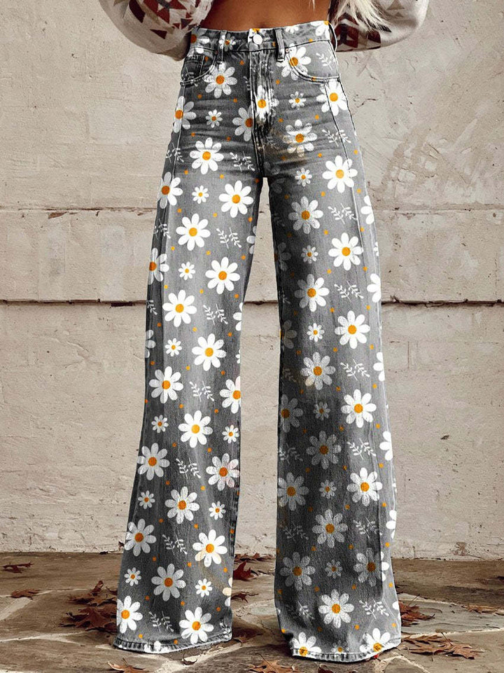 Damen Jeans mit weitem Bein | Blumenmuster, hoher Bund