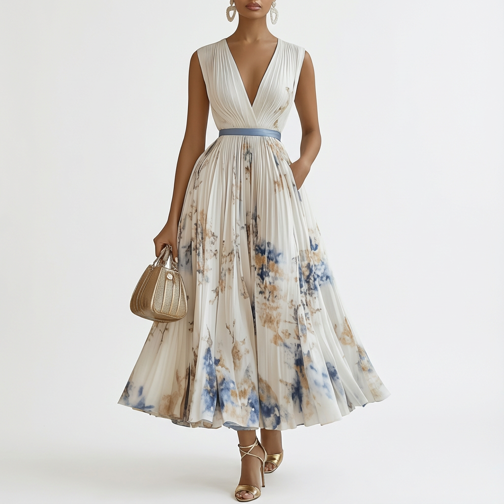 Women's Pleated Dress with V-Neck | Midi