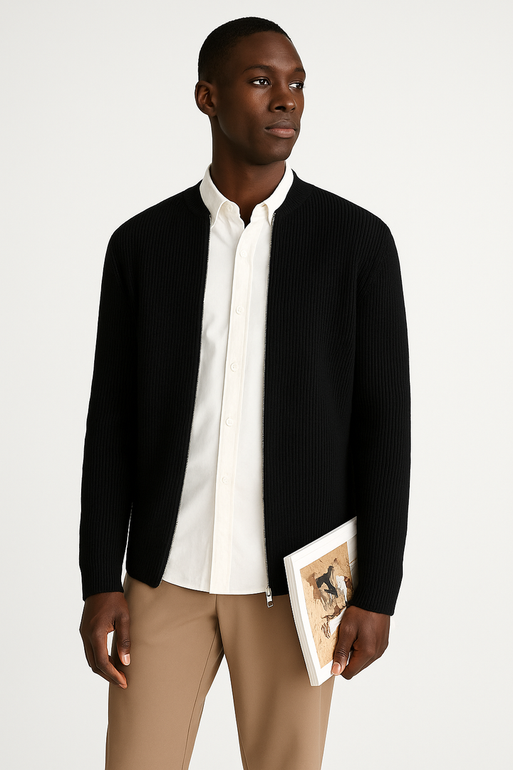 Herren Cardigan mit Reißverschluss | Gerippter Saum