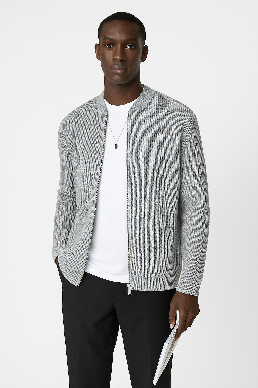 Herren Cardigan mit Reißverschluss | Gerippter Saum
