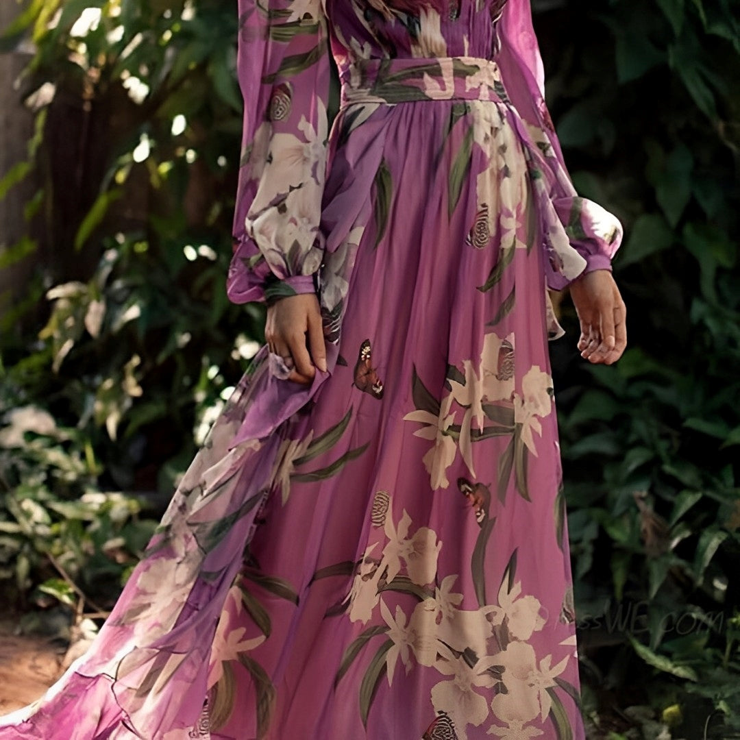 Damen Abendkleid mit Muster, V-Ausschnitt und Langarm | Maxi