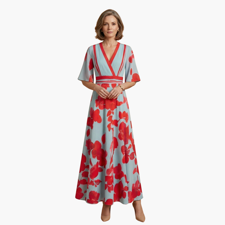 Damen Blumenkleid mit V-Ausschnitt | Maxi