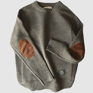 Męski Sweter Dzianinowy z Okrągłym Dekoltem | Łatki na Łokciach