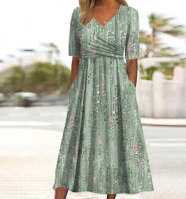 Damen Kleid mit Blumenmuster und V-Ausschnitt | Midi