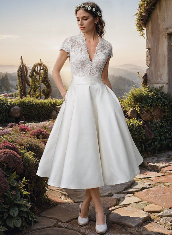 Damenkleid für Hochzeit mit V-Ausschnitt und kurzen Ärmeln | Midi