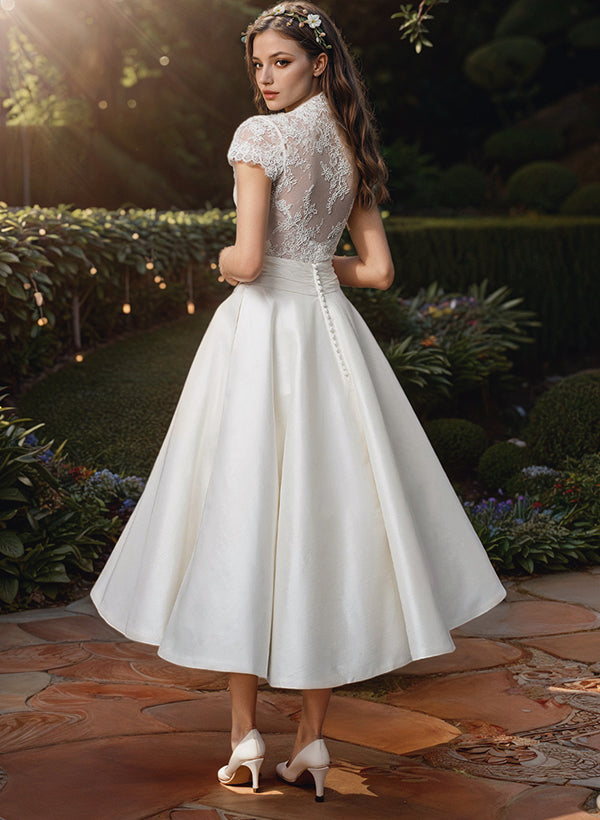 Damenkleid für Hochzeit mit V-Ausschnitt und kurzen Ärmeln | Midi
