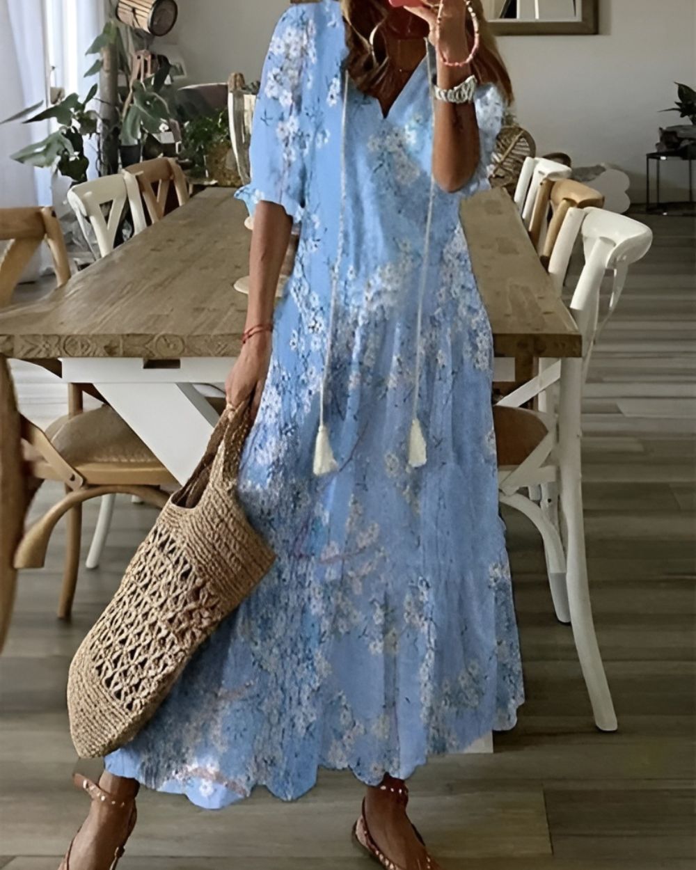 Damen Kleid mit Muster V-Ausschnitt | Maxi