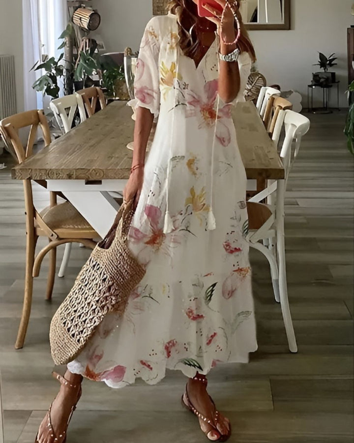 Damen Kleid mit Muster V-Ausschnitt | Maxi